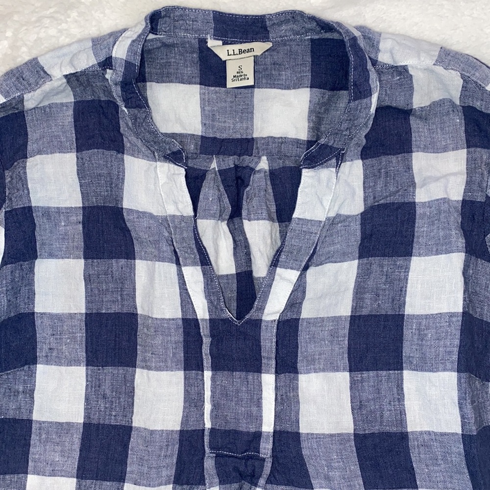 L.L. Bean Split Neck Linen Tunic Long Sleeve Plaid Top - Picture 2 of 10
